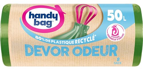 Handy Bag - Sacs poubelle à poignées coulissantes Dévor Odeur 50L x 8 sacs - Système absorbeur d'odeurs - Ultra Résistant - Étanchéité maximale - 80% plastique recyclé