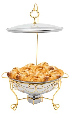 wanwanper Runder Chafing Dish aus Edelstahl, 6L Speisenwärmer Warmhaltebehälter mit Deckel, Buffetwärmer Wärmebehälter für Speisen, Lebensmittelwärmer für Buffet, Catering, Party, 43 * 67cm (Gold)