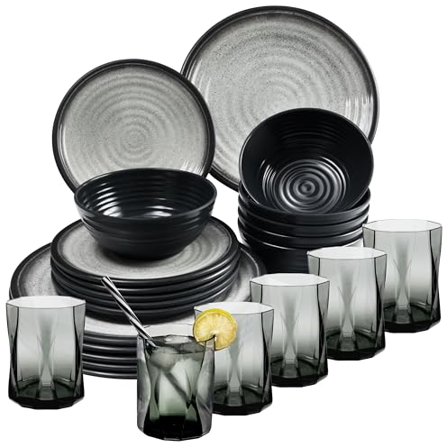 Melamin Geschirr Set für 6 Personen Grau Granit-Optik 24 Teile - mit grauen Trinkgläsern 300 ml - Campinggeschirr Geschirrset Tafelgeschirr - Spülmaschinengeeignet Tableware Outdoor Camping