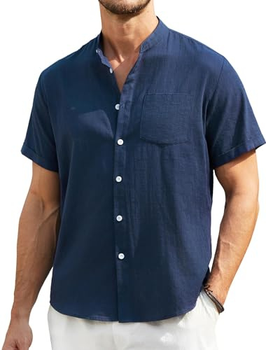 Enlision Herr linne skjortor kortärmad farfar krage kraglösa skjortor för män vardag sommar strand Henley skjorta Button Down S-4XL, A-marinblå, L