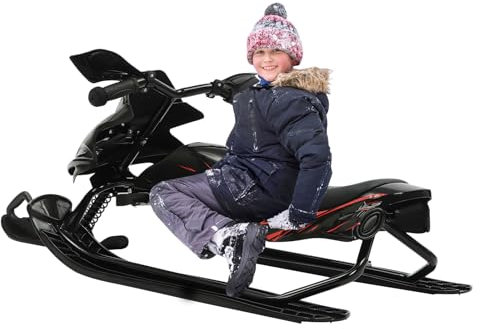 Froulaland Lenkschlitten Skischlitten mit Bremsen Snowracer Schlitten +Lenkrad Zugseil Rodelschlitten Kunststoffrodel Stabil Kufenlenkung Ski Snow Skibob mit 80KG (Schwarz)