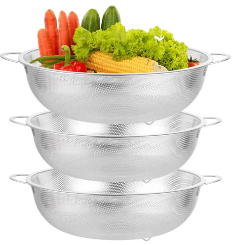 LDXDRU Colino in acciaio inox, 3 pezzi, 28 cm, con maniglia, ciotola per il bucato, colino in metallo, colino per la cucina, per riso, verdura, pasta, frutta
