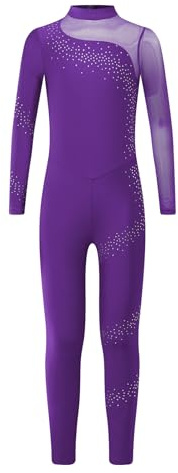 Miutii Traje de gimnasia de manga larga para niña, traje de ballet con lentejuelas, traje de cuerpo entero, traje de patinaje artístico, body deportivo, mono de deporte, jumpsuit, morado, 146-152
