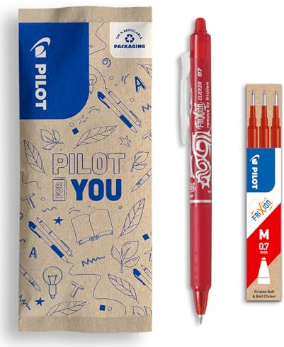PILOT - FriXion Ball Clicker Erasable Rollerball Pen Set - Medium 0.7mm Tip - 1 x Red, 3 x Refills