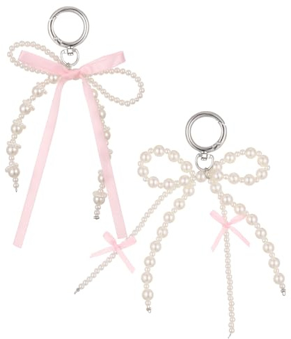 Yuanchu Lot de 2 Porte-clés avec Arc en Perles, Mignons Porte-clés en Forme de Nœud Perlé, Charms Esthétiques Roses pour Sac à Main, Porte-clés de Voiture pour Femmes