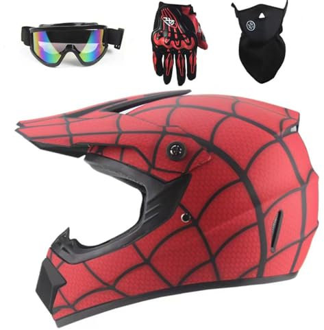 Jugend Motorradhelme,Motocross Helm,Kinderfahrradreithelm,Junge Und Mädchen, Roller Ski ATV Helm,ECE-Zertifizierung, Road Helm mit Handschuhe Maske Brille, Geeignet Für Alle Jahreszeiten,A-S(52-55CM)