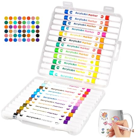 OCCOUMR Lot de 24 feutres de peinture pour porcelaine avec double pointe en 48 couleurs, marqueurs acryliques pour pierres, marqueurs acryliques, résistants à l'eau, adaptés au lave-vaisselle, pour