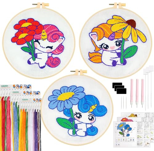 JSRQT 3 Set Kit per Ricamo Punch Needle Unicorno per Adulti Bambini, Kit per Principianti Punto Croce Fatto a Mano, Set di Avviamento Ricamo Ago da Punzonatura con 3 Strumenti, per Decorazione Casa