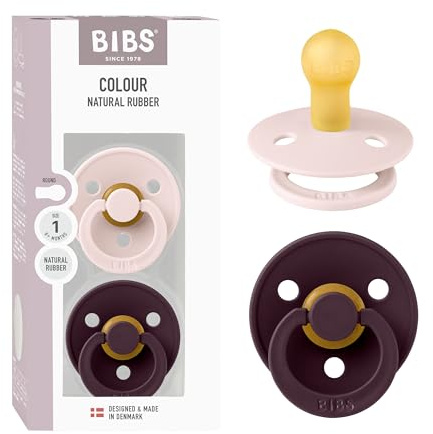 BIBS Colour Soother 2-Pack, BPA Free Dummy Pacifier, Round Nipple. Natural Rubber Latex, Made in Denmark, Size 1 (0-6 Months) - Petal/Plum