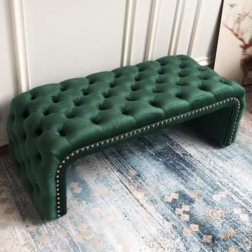 Cómodo banco de almacenamiento tapizado verde con botones y esquinas redondeadas, perfecto para dormitorio, sala de estar, entrada y armario (160 cm)