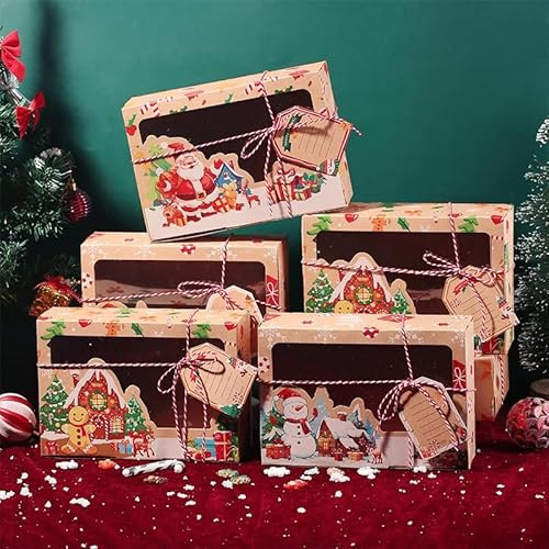 Cajas de Galletas de Navidad con Ventana, 12 Piezas Latas Navideñas para Galletas Kraft, Cajas de Regalo Navidad Carton, Caja de Dulces Navideños, Choques de Biscuits para Macarons Chocolate Dulces
