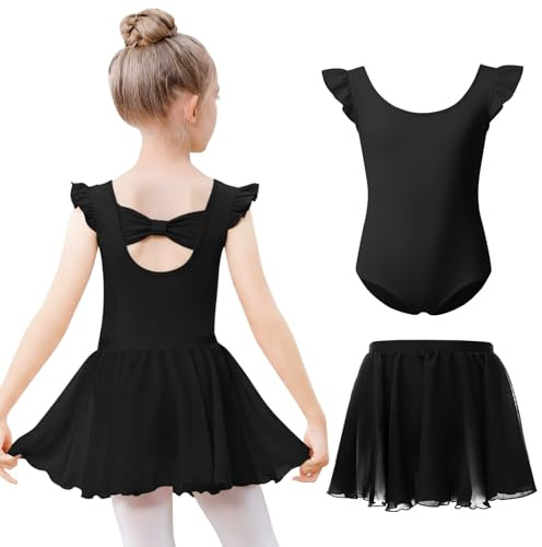 Kefiyis Ballet Leotard for Girls Flutter Sleeve Ballet Outfit Cotton Dance Leotard with Removable Skirt Ballerina Dress for 3-11 Years Black 130