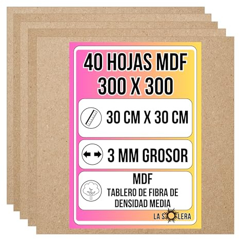 LA SOLERA Pack 40 Hojas Tablero MDF 3 mm de grosor | 300 x 300 mm | Láminas para corte láser y pirograbado | Hojas resistentes para manualidades y modelado | Fibra de densidad media | Corte limpio