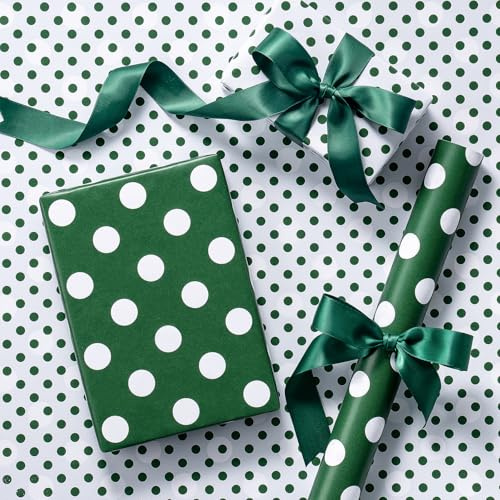 RUSPEPA Mini vändbart presentpapper rulle grön och vit prickar – stora och små prickar – minimalistisk modern stil – för födelsedagar, babyshower, bröllop, helgdagar, fester – 43,2 cm x 5 m
