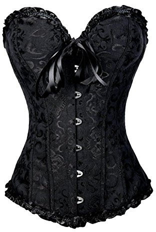 PhilaeEC Women's Plus Size Bridal Lingerie Lace up Satin Boned Corset + G-string (Black, S)