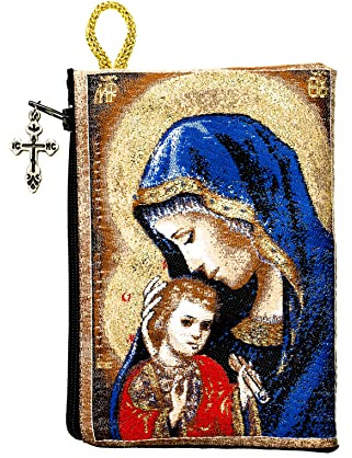 Intercession Hand-Woven, Lined Madonna and Child Rosary Pouch, Made in Turkey with Premium Metallic Thread (Red - Large)