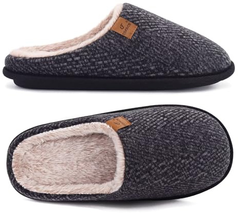 COFACE Mens Black Woolen Cozy Memory Foam scuff Slippers Slip On Warm House Shoes Indoor/Outdoor With Best Arch Support Size 10