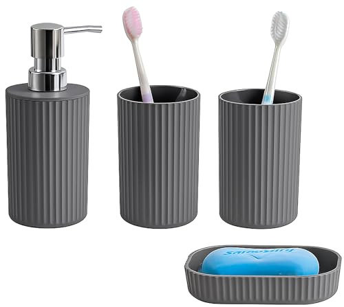 Novel Solutions Premium 4-Piece Bathroom Accessories Set – Matt Grey Rubber-Coated Soap Dispenser, Soap Dish, Tumbler Cup & Toothbrush Holder – Modern Vanity Organiser Kit (Grey Finish)