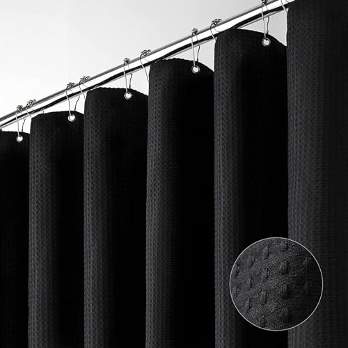 Dynamene Black Fabric Shower Curtain, Waffle Weave Heavy Duty Thick Fabric Shower Curtains for Bathroom, 256GSM Weighted Hotel Luxury Cloth Shower Curtain Set with 12 Plastic Hooks, 72Wx72H, Black