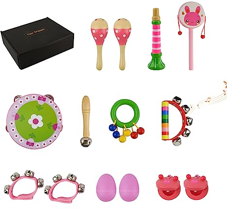 Locisne 14 Stück hölzerne Musikinstrumente Set, rosa Mini-Band musikalischen sensorischen Einleitung Instrumente, Rocking Drums Sand Hammer/Rasseln/Sand Eier/Ring Hand Rasseln für 1+ Jahr alt