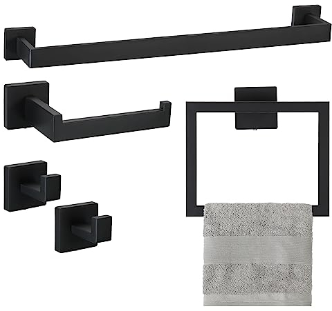QUARKZMAN 5Stk Badezimmer Hardware Set 23.6 Edelstahl Handtuchhalter Set Klopapier Halterung 2 Handtuch Haken Wand Montiert Badezimmer Schwimmend Regale Schwarz