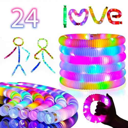 24 Stück Mitgebsel Kindergeburtstag LED Pop Tubes Fidget Spielzeug Knicklichter Party Deko Set,Leuchtstäbe Buntes Festival Sensorik Spielzeug,Geschenk für 3+ Jahre Junge Mädchen