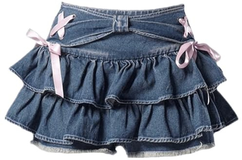 LREUIP Falda plisada retro de cintura baja con lazo para mujer, cintura ajustable, minifalda de mezclilla Y2K
