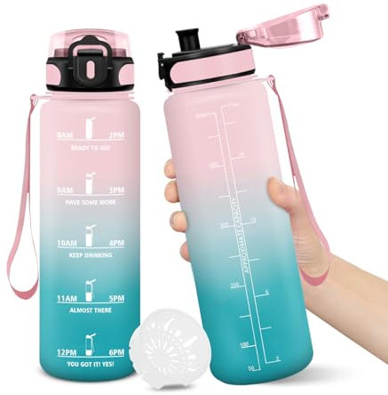 Gourde, 500ML Sans BPA, Gourde sport, Conception de Verrouillage Anti-Fuite, Bouteille, Avec Horodatage, Bouteille Eau pour École, Yoga, En cours d'exécution, Escalader Des Montagnes - RoseCyan