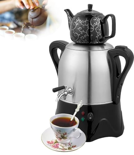 QINPI Tetera Turca Eléctrica De 2000 W, Tetera Doble De Acero Inoxidable con Infusor, Tetera De Acero Inoxidable De 3 L, Tetera De Cerámica De 1 L, con Función De Mantenimiento del Calor