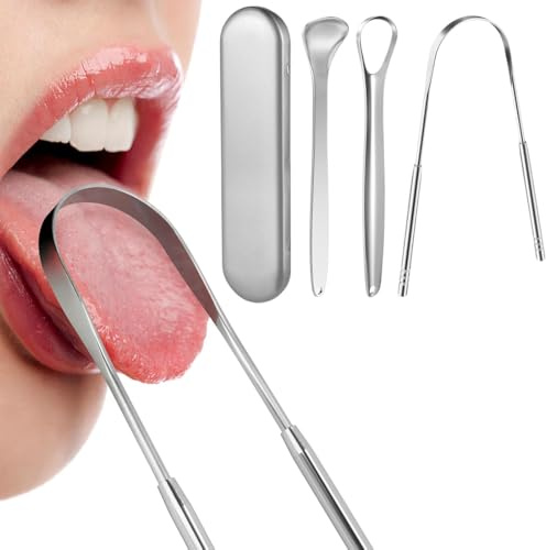 Pulisci Lingua, Tongue Scraper, Raschietto Lingua, Nettalingua, Set di 3 Raschietti per Lingua Riutilizzabili in Acciaio Inox, Igiene Orale Quotidiana per Alito Fresco e Pulizia della Bocca
