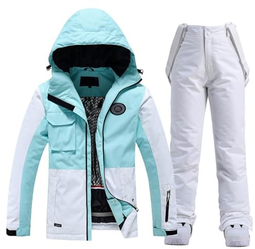 Generisch Giacca da sci unisex per tutto l'anno con pantaloni per snowboard, trekking, sport invernali, termoisolante, in due pezzi, bianco, XS