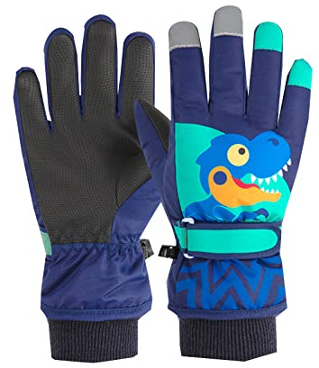 Generisch Guantes de esquí para niños, estilo de invierno, gruesos, cálidos, impermeables, pequeños dinosaurios, dibujos animados, bicicleta (azul marino, 1-3 años)