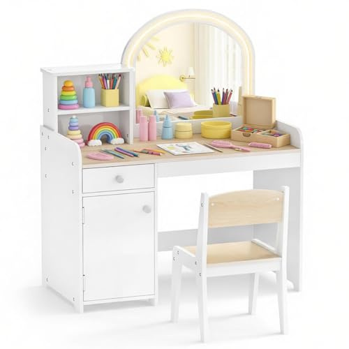 Maxmass Kids Vanity Table and Chair, Wooden Children Study Table with 2-Color LED Lights Mirror, 2-Tier Shelf, Drawer & Cabinet, Multifunctional Dressing Table Set for Toddlers (White+Natural)