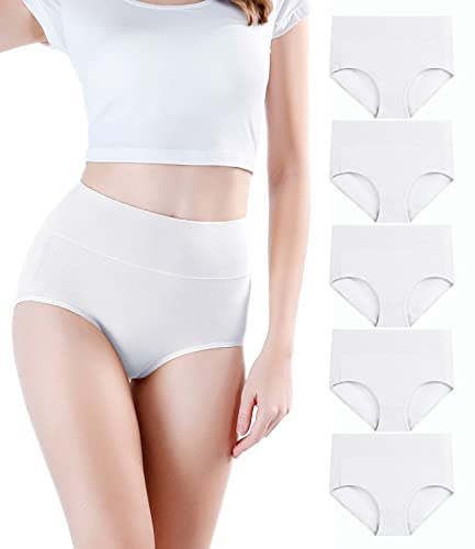 wirarpa Women's Underwear High Waisted Ladies Cotton Panties Soft Full Coverage Briefs 5 Pack White Medium