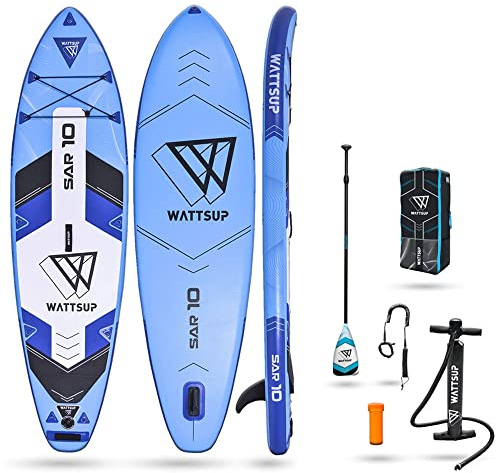 Wattsup, Sup Stand Up Paddle Gonflable SAR 10', PB-WSAR101, Planche Gonflable Dropstitch avec Pack Pagaie, Leash, Pompe, Sac de Transport et Kit, Jusqu'à 125kg, Volume 281l, Multicolore