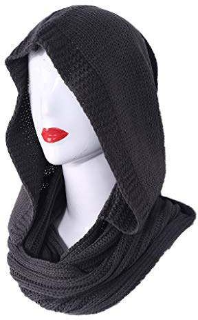 Max-Tonsen Bufanda de punto de invierno con capucha infinita para mujer, a prueba de viento, chal con orejeras, calentador de cuello, bufanda con capucha, color negro, Negro, 56-58cm(22.05-22.83in)