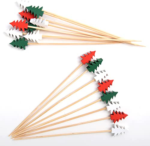 KEYIDO 100 Counts Christmas Tree Cocktail Sticks, Handmade Wooden Cocktail Skewers with Christmas Tree Ornament, Cupcake Finger Food Picks, Birthday Wedding Christmas Party Decoration Supplies