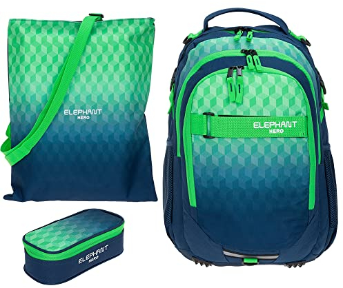 Elephant Schulrucksack 3 Teile Set Hero Signature Jungen Mädchen Rucksack Mäppchen Box Sportbeutel Attach Bag rtmb (Blue Cube 12810 (Blau Grün))