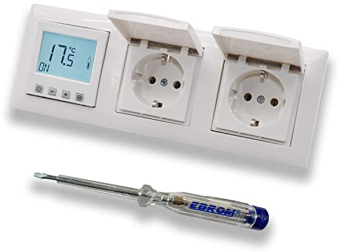 Halmburger Raumthermostat Raumtemperaturregler ERD-55rg DIGITAL in Busch Jäger Balance Si alpinweiß Rahmen mit 2x Klappsteckdose + EBROM Phasenprüfer zur Montage der Geräte ERD-55 (rg) Fußbodenheizung