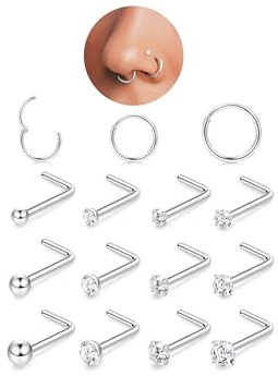 FIOROYAL 20G e 18G Piercing Naso in Oro 14K e Acciaio Chirurgico, Anello e Brillantino CZ, Orecchini Naso Argento 6/8/10mm