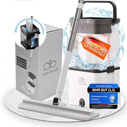 Glanzkraft® Wischmopp Set mit Eimer – Bodenwischer / Nasswischer mit 2-Kammer-System – Wischmopp & Mop Set mit Pumpfunktion – hygienischer Wischeimer – 2,5L – Putzset