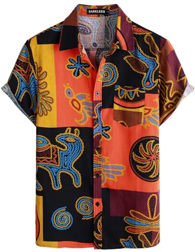 PARKLEES Men's Cotton Linen 70s Vintage Pattern Old Style Shirt Casual Short Sleeve Button Down Retro Shirts
