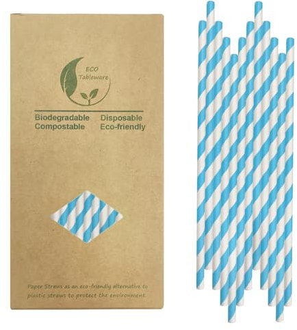 Blu a Righe Cannucce di Carta [100 Pezzi, 6x197mm], 100% Biodegradabili Cannucce Bianche Blu Usa e Getta per Bevande Bar, Feste, Compleanni, Matrimoni