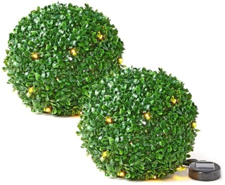 Dolce Vari 28cm Solar Topiary Garden Ball Sphere, Green, 2 Count | Dual Function, 20 LED Lights, Solar Powered