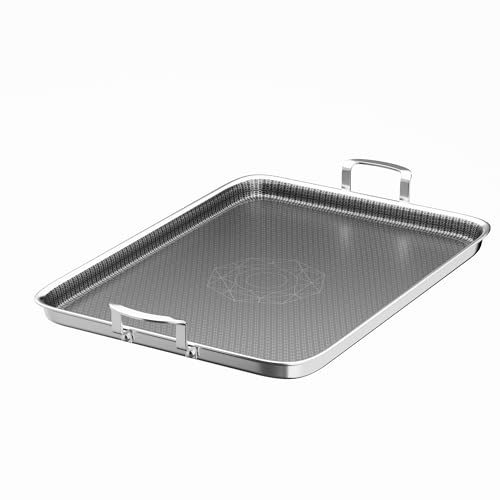 Cooker King 19 x 13 Inch Hybrid Honeycomb Stainless Steel Double Burner Griddle Pan, 3-Ply Nonstick Flat Top Grill Plate & Rectangular Roasting Pan, Metal Utensil Safe, Induction Ready, Oven-Safe