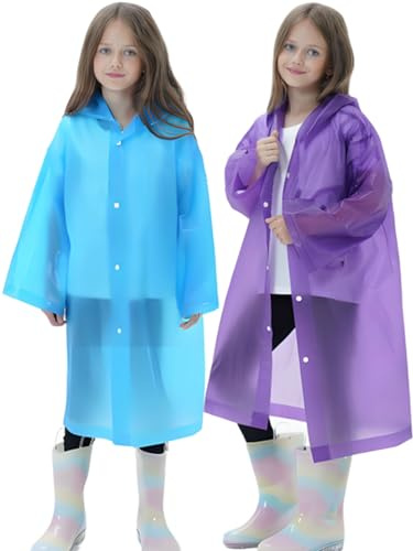 Borogo 2 Pack Raincoats for Kids, Reusable Rain Ponchos with Hood and Sleeves Rain Coats for Boys and Girls Purple&Blue