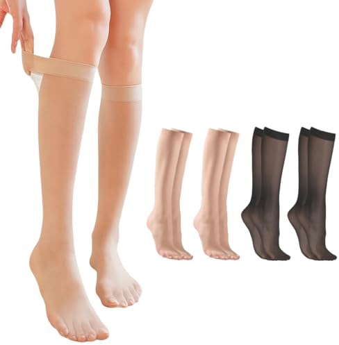 JEYORZY 4Pares De Medias Hasta La Rodilla, Calcetines de mujer Hasta la rodilla, Sin presión Ligeros y cómodos Todos los días Material liso, Suaves Cómodos, Medias Elásticos Transpirables, Negro+Carne