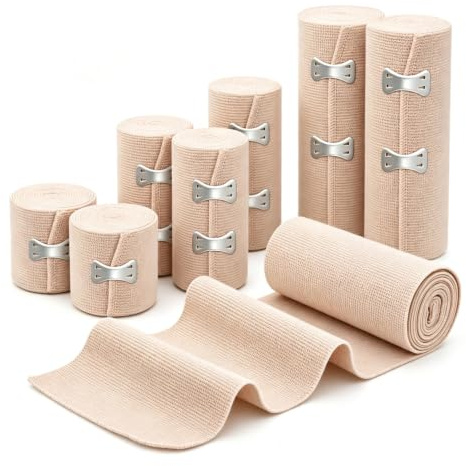 8 Pcs Elastic Compression Bandages, Crepe Bandage Wrap Set, 4 Widths (5/7.5/10/15cm) x 4.5M, Reusable & Washable Compression Bandages for Legs with Self-Closure, Ideal for Ankle Knee Wrist Recovery