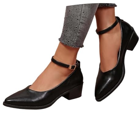 Scarpe Mary Jane Casual con Tacco Grosso, Punta Affusolata, Stile Francese, Modello Slip-on Autunnale con Cinturino a T Fibbia. (Black, 38)