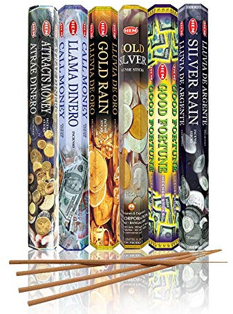 HEM Assorted Incense Sticks – Attracts Money, Call Money, Gold Rain, Gold Silver, Good Fortune & Silver Rain – Pack of 6 – Premium Aromatherapy for Prosperity, Meditation & Home Fragrance.